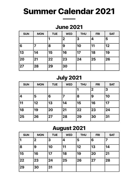 Summer 2021 Calendar Printable